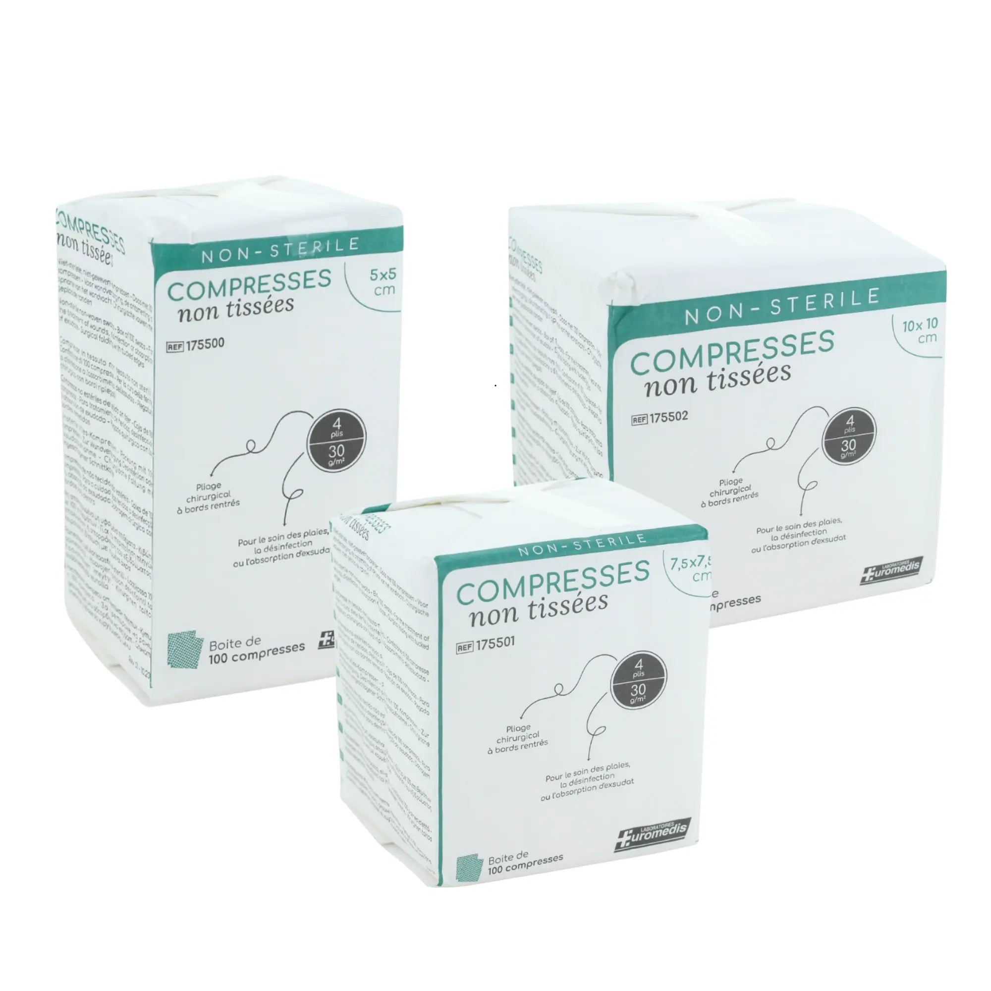 Compresses non-tissées non stériles - 30g/m2 - Boîte de 100 - Plusieurs dimensions - Euromédis Euromédis 